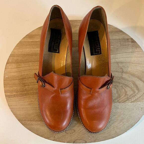 Vintage Dei Colli Made in Italy Tan Genuine Leather Buckle Stacked Heel Shoe 41 - Picture 13 of 15